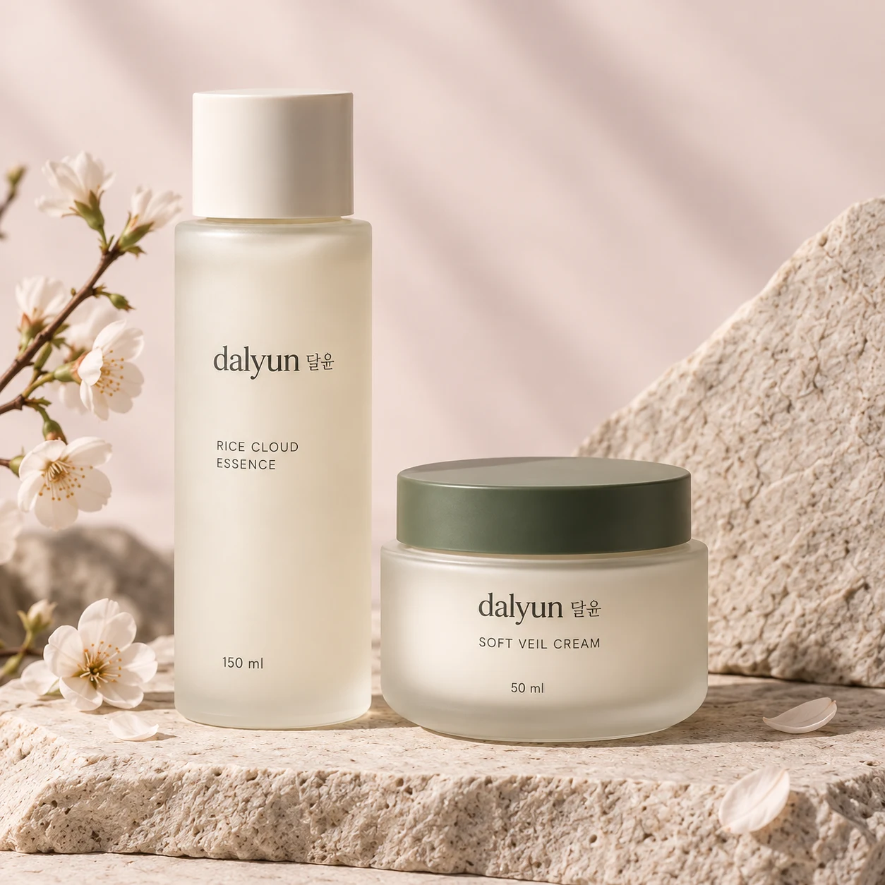 Rice Cloud Essence and Soft Veil Cream on pale stone, with delicate blossoms